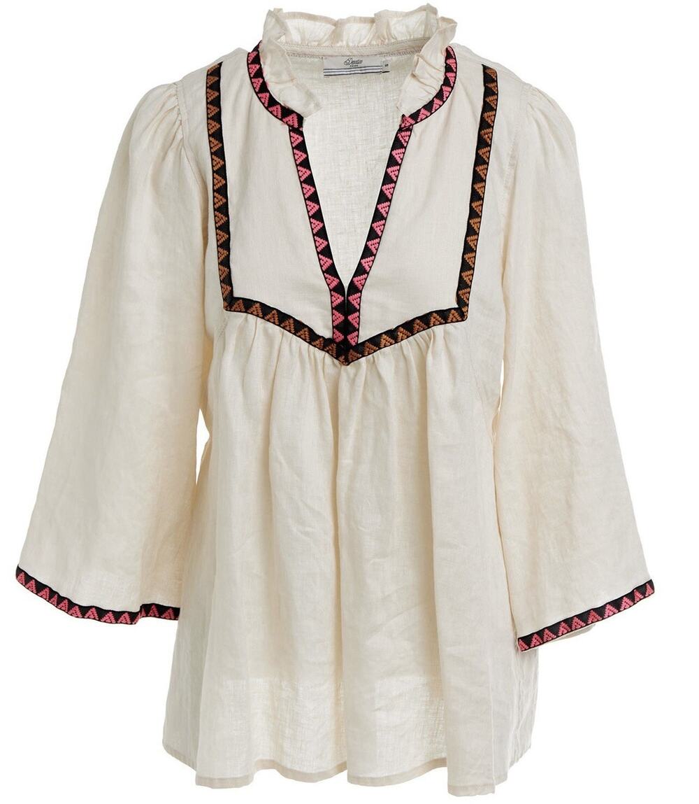 Devotion Twins Valtos Shirt Top 100% Linen Blouse Wide Sleeve Embroidered S Boho
